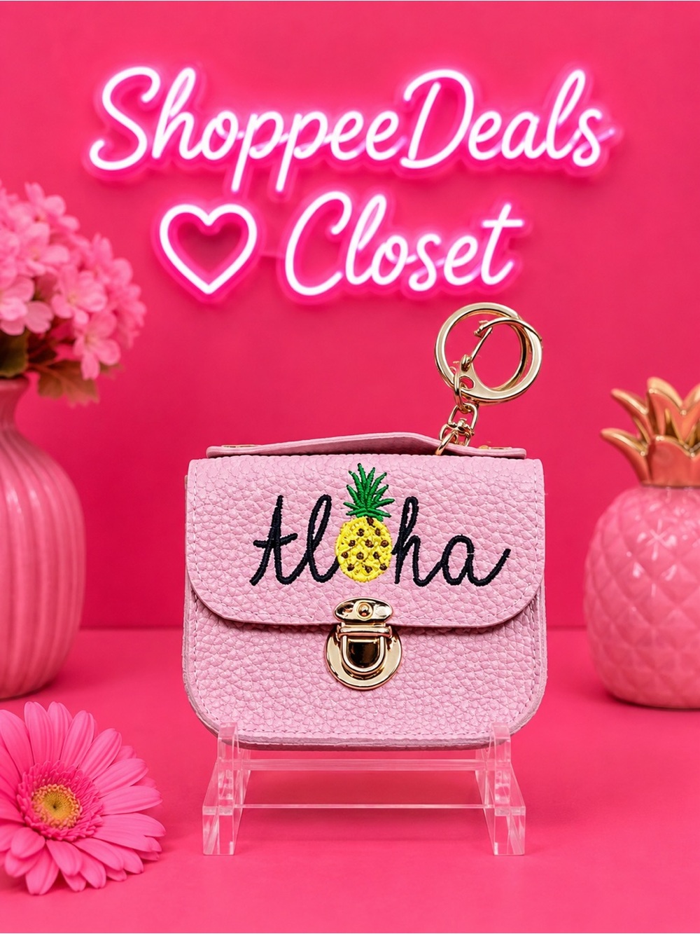 Aloha Pineapple Mini Purse Keychain Pink ID Card Coin Wallet Keyring Clip